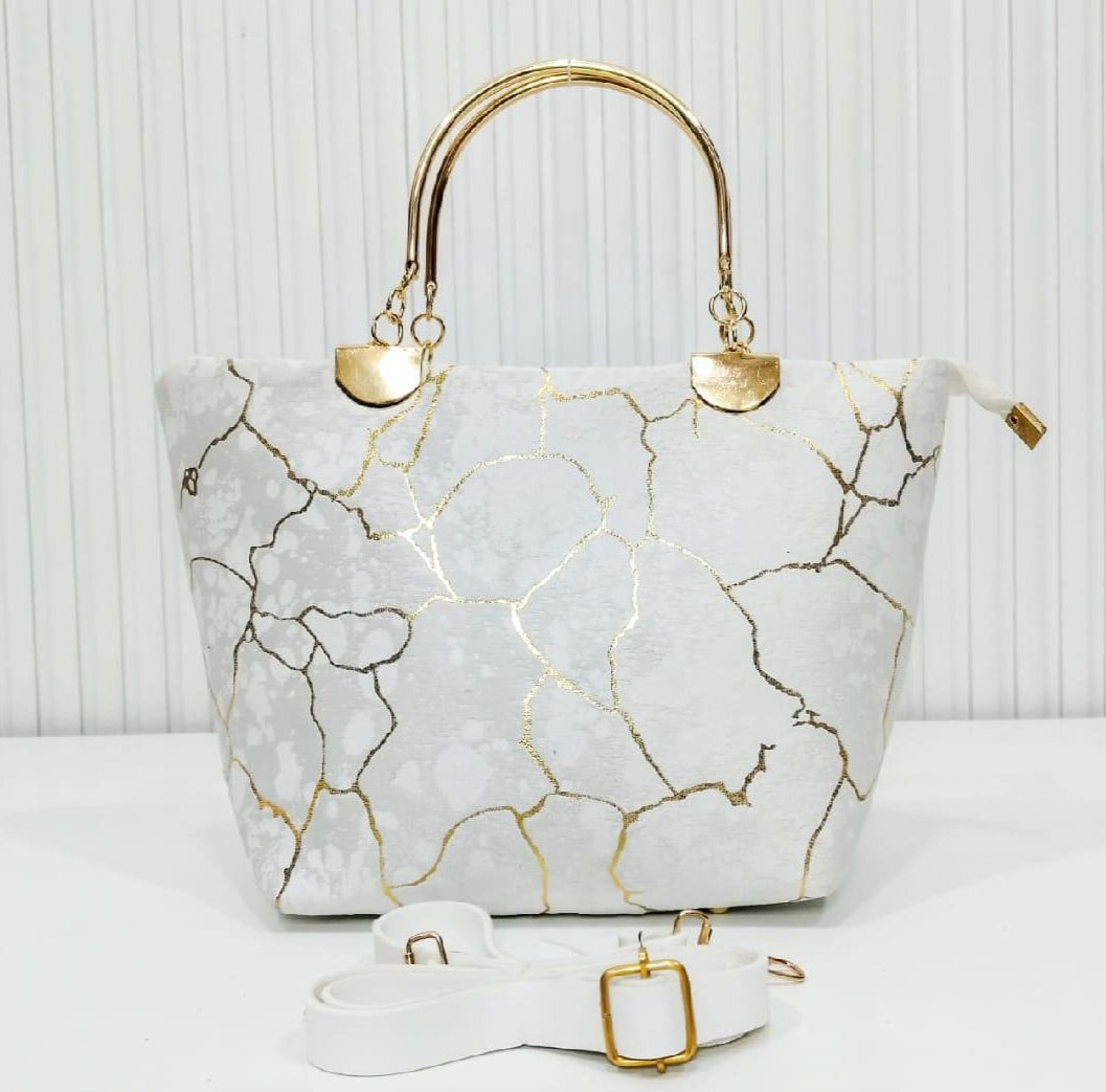 White Velvet Printed Top Handle Handbag – Girls Stylish Shoulder Bag