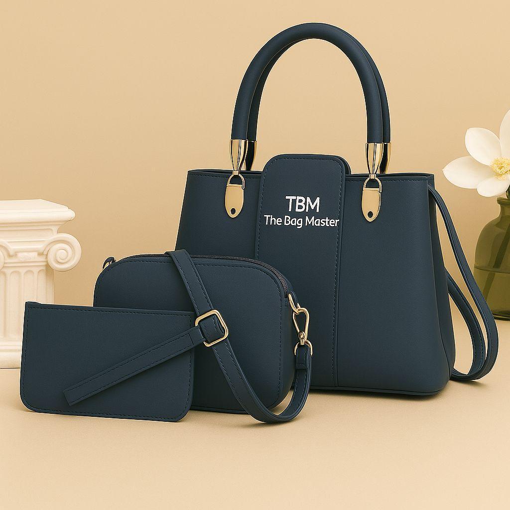 3 Pcs Rexine Top Handle Handbag Set – Stylish Women’s Shoulder & Tote Bags