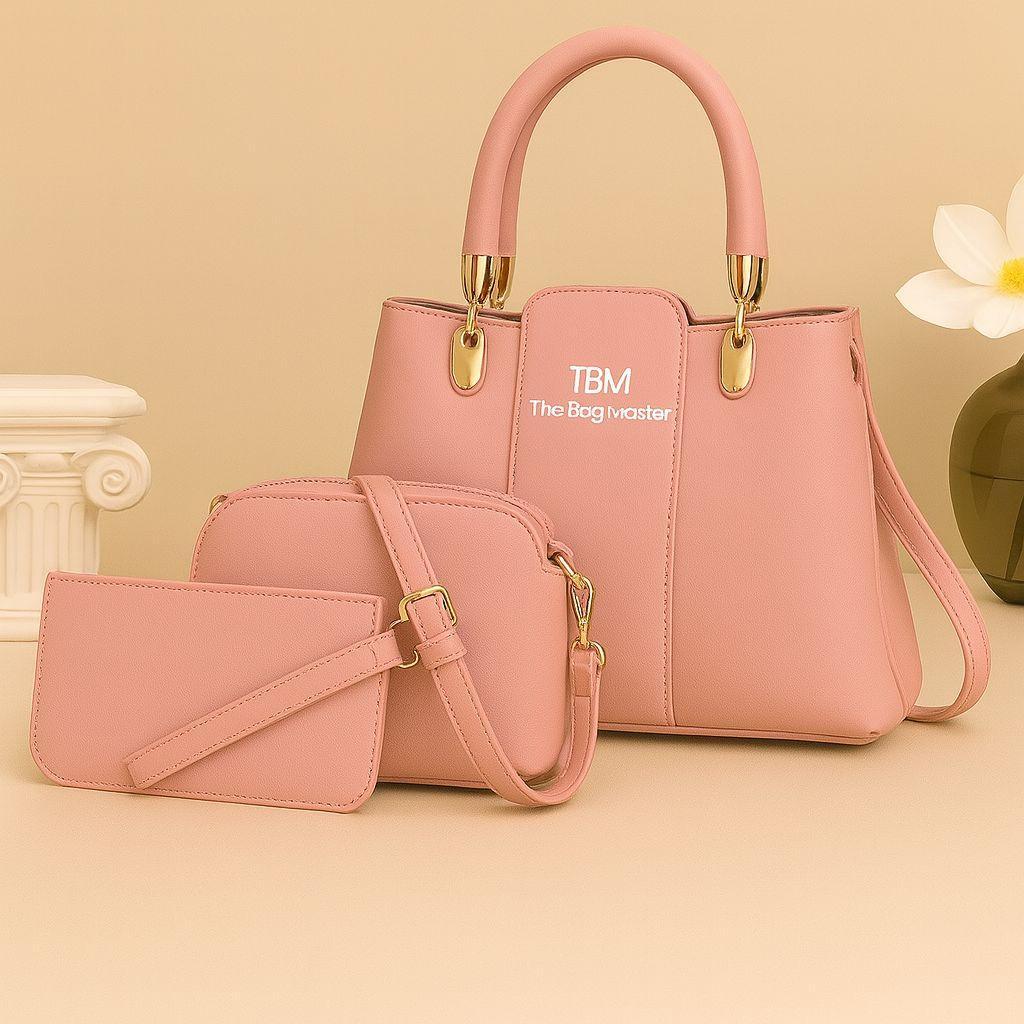 3 Pcs Rexine Top Handle Handbag Set – Stylish Women’s Shoulder & Tote Bags