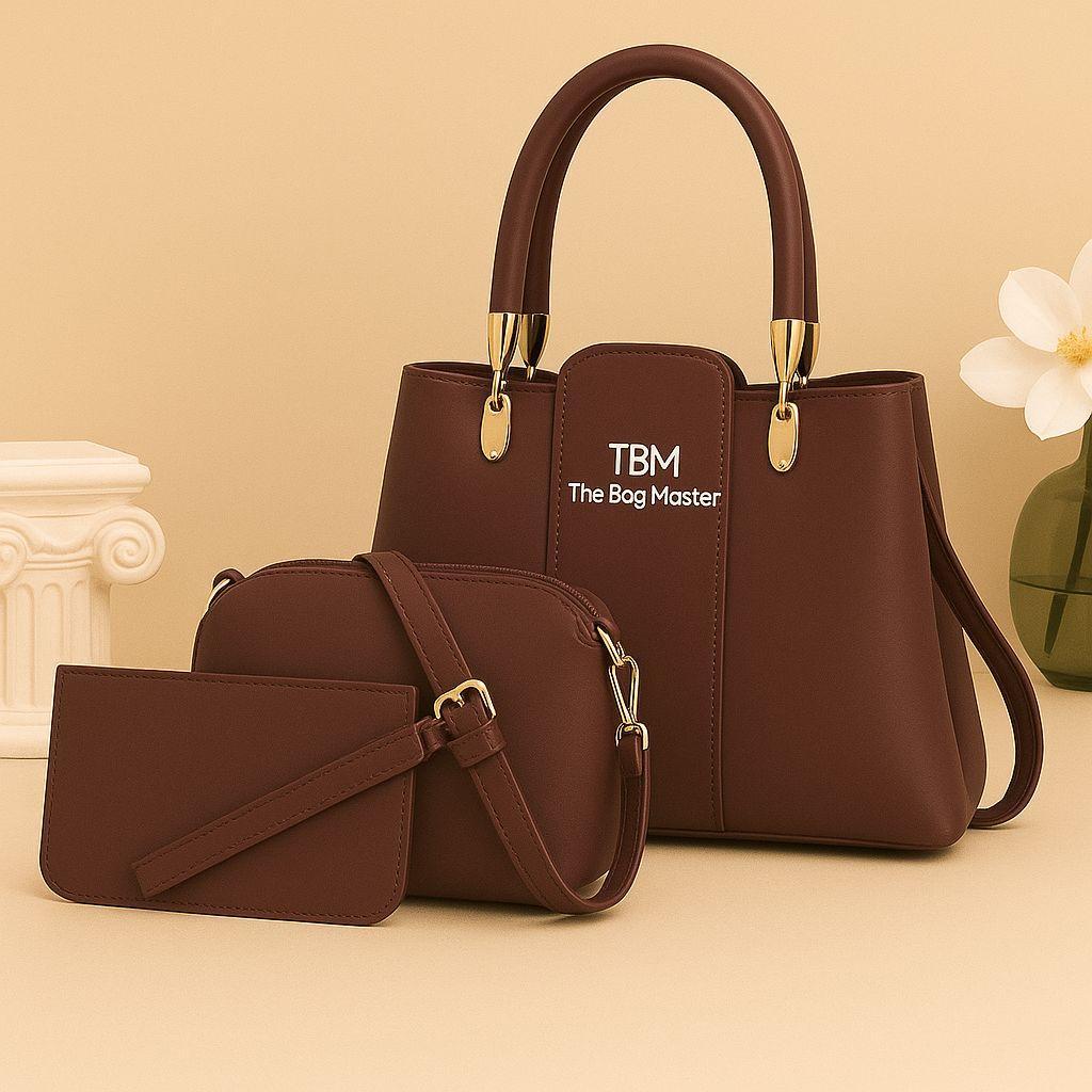 3 Pcs Rexine Top Handle Handbag Set – Stylish Women’s Shoulder & Tote Bags