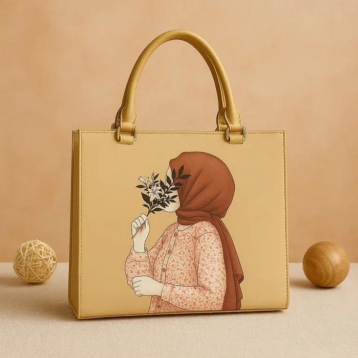 Printed Canvas Tote Bag – Women’s Stylish Beige Top Handle Handbag