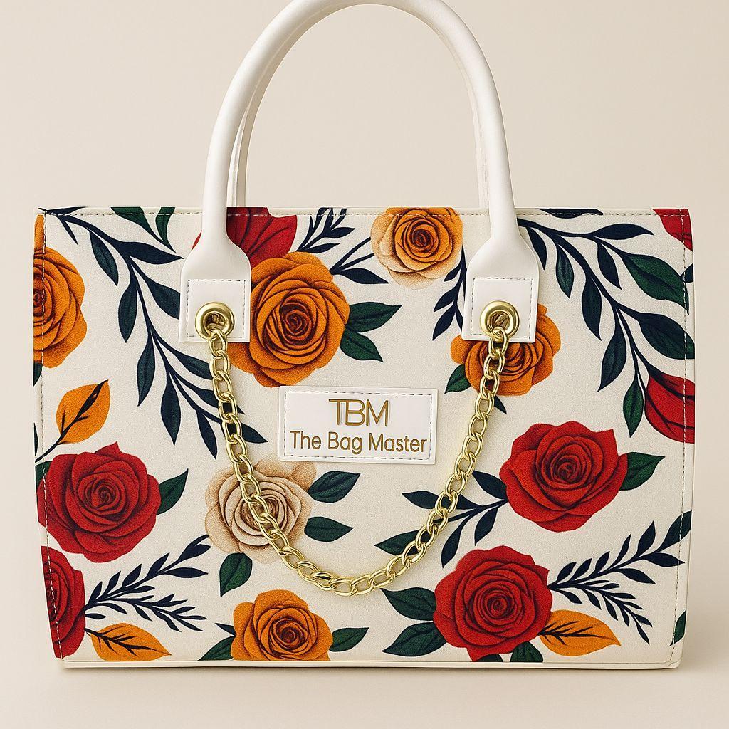 White Printed Canvas Tote Bag – Girls’ Stylish Top Handle Shoulder Bag