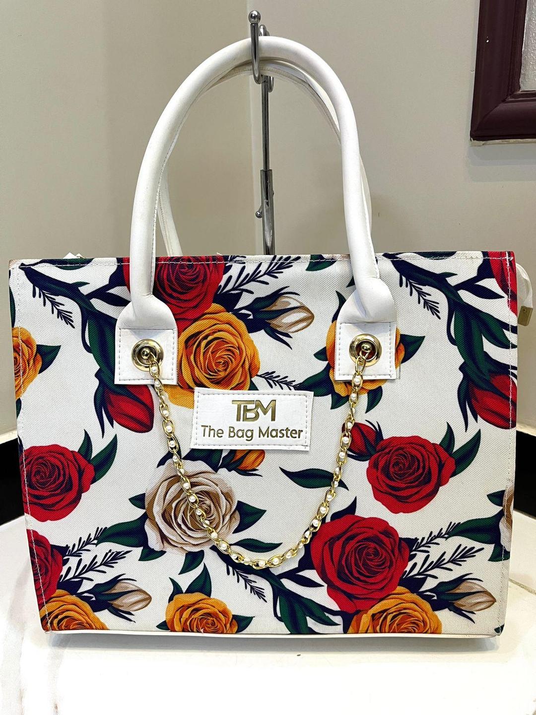 White Printed Canvas Tote Bag – Girls’ Stylish Top Handle Shoulder Bag