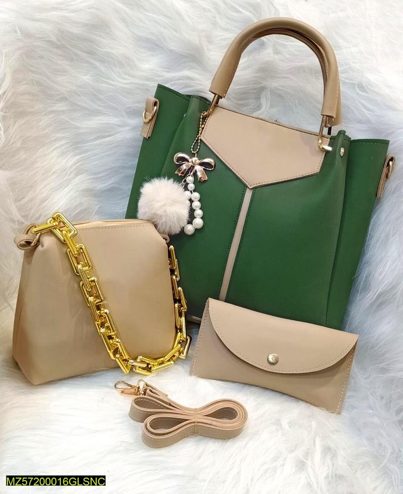 PU Leather 3 Pcs Bag Set for Women – Handbag, Makeup Pouch & Wallet with Long Strap & Golden Chain