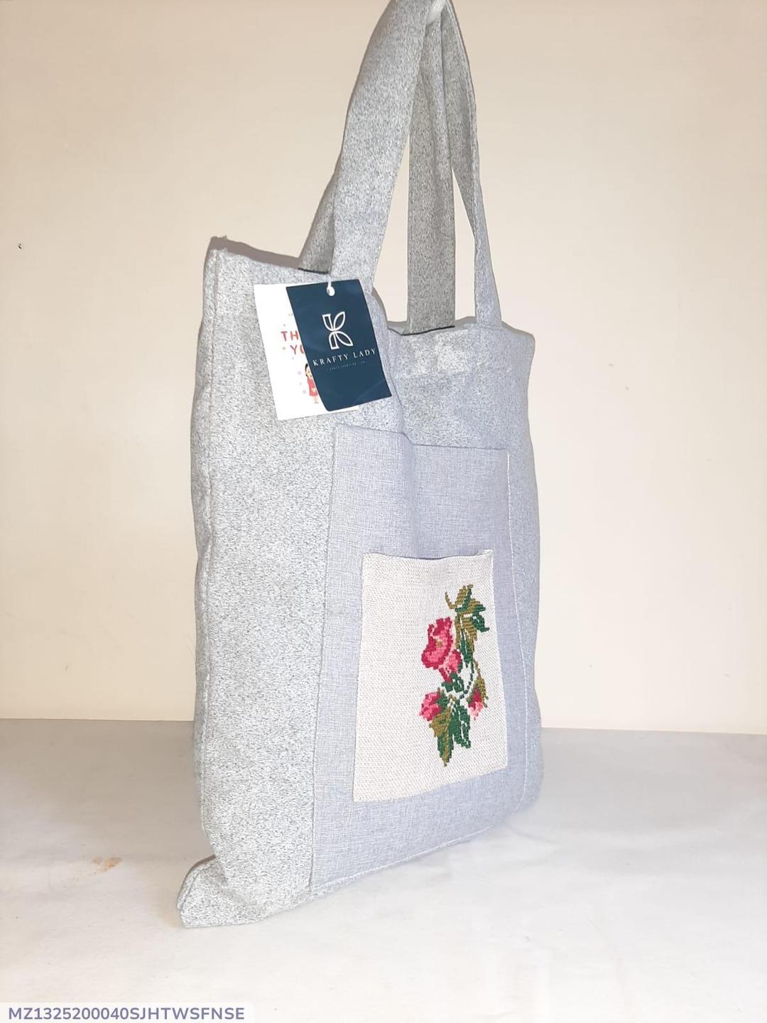 Velvet Embroidered Tote Bag for Women – Grey with Handcrafted Motifs & Maroon Handles