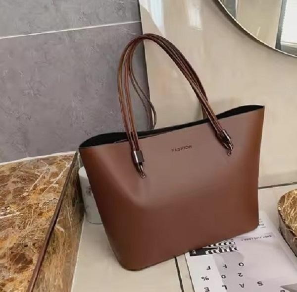 Women's PU Leather Shoulder Bag – Plain Design, Spacious 40 x 10.5 x 26 cm – Brown & Yellow