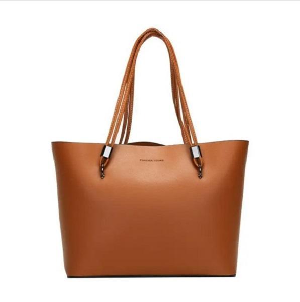 Women's PU Leather Shoulder Bag – Plain Design, Spacious 40 x 10.5 x 26 cm – Brown & Yellow