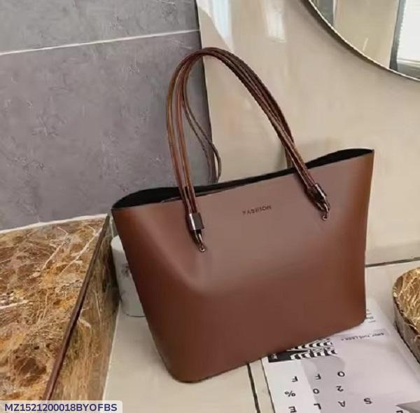 Women's PU Leather Shoulder Bag – Plain Design, Spacious 40 x 10.5 x 26 cm – Brown & Yellow