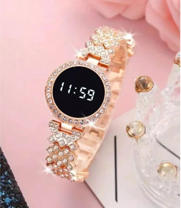 Women’s Stainless Steel Digital Watch – Quartz Movement, Water Resistant, 24-Hour Display (Black, Golden, Rose Gold, Silver)