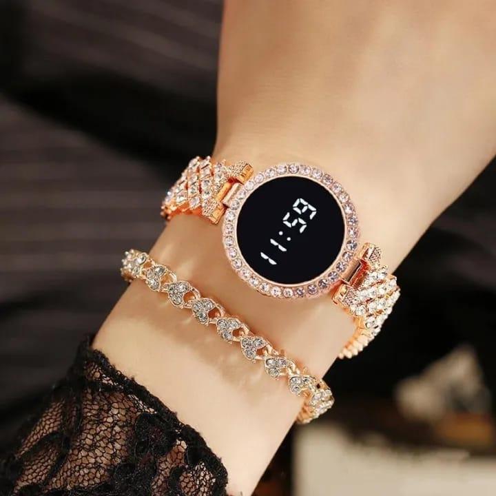 Women’s Stainless Steel Digital Watch – Quartz Movement, Water Resistant, 24-Hour Display (Black, Golden, Rose Gold, Silver)