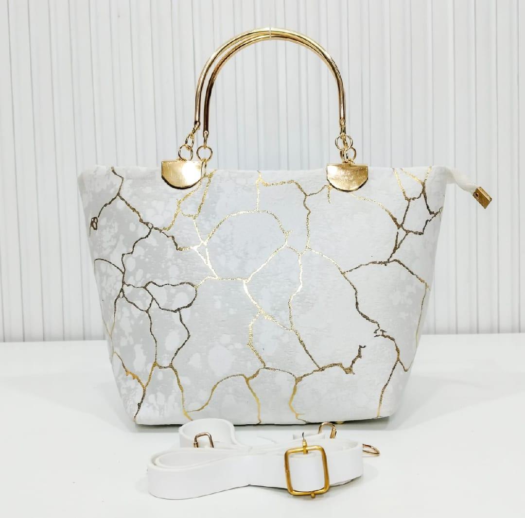 White Velvet Printed Top Handle Handbag – Girls Stylish Shoulder Bag