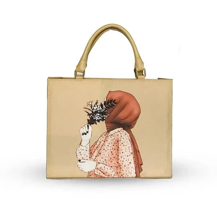 Printed Canvas Tote Bag – Women’s Stylish Beige Top Handle Handbag