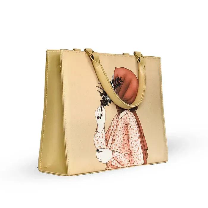 Printed Canvas Tote Bag – Women’s Stylish Beige Top Handle Handbag