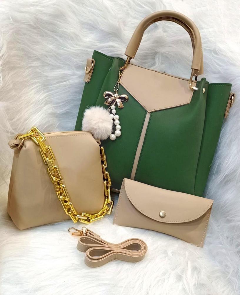 PU Leather 3 Pcs Bag Set for Women – Handbag, Makeup Pouch & Wallet with Long Strap & Golden Chain