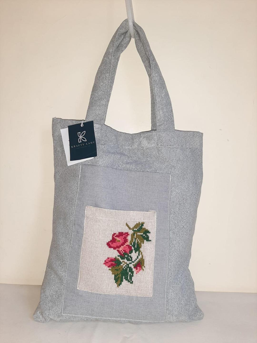 Velvet Embroidered Tote Bag for Women – Grey with Handcrafted Motifs & Maroon Handles