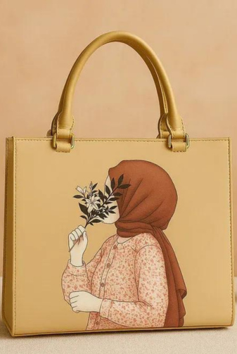 Printed Canvas Tote Bag – Women’s Stylish Beige Top Handle Handbag