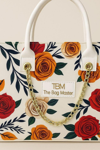 White Printed Canvas Tote Bag – Girls’ Stylish Top Handle Shoulder Bag