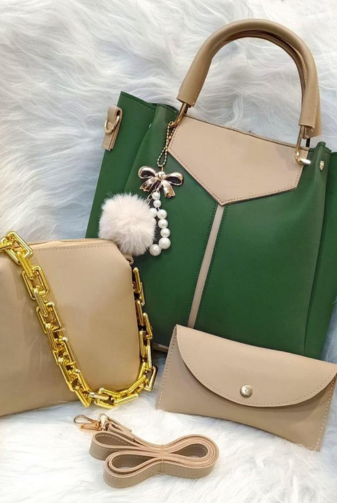 PU Leather 3 Pcs Bag Set for Women – Handbag, Makeup Pouch & Wallet with Long Strap & Golden Chain
