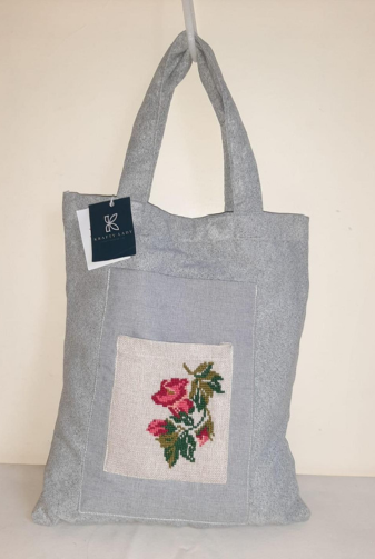 Velvet Embroidered Tote Bag for Women – Grey with Handcrafted Motifs & Maroon Handles