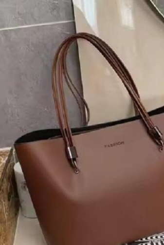 Women's PU Leather Shoulder Bag – Plain Design, Spacious 40 x 10.5 x 26 cm – Brown & Yellow