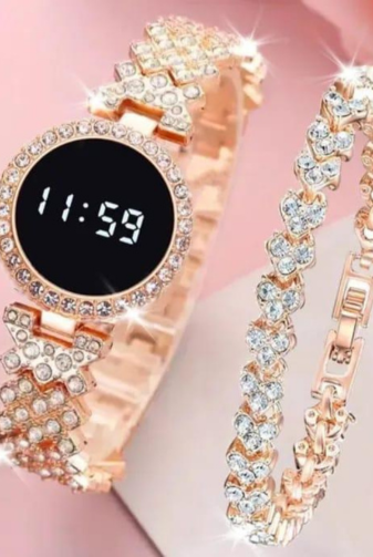 Women’s Stainless Steel Digital Watch – Quartz Movement, Water Resistant, 24-Hour Display (Black, Golden, Rose Gold, Silver)